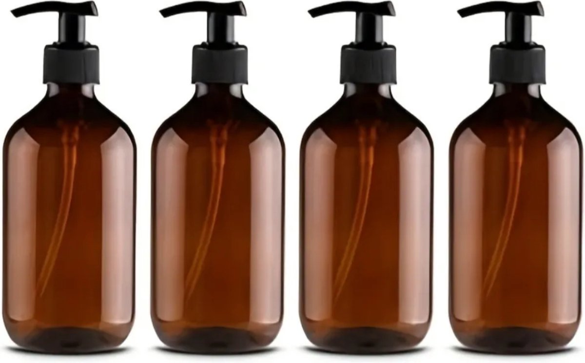 Set of 4 Pump Bottles, 500 ML, plastic soap dispenser Transparent brown, refillable shampoo bottle. - Image 1