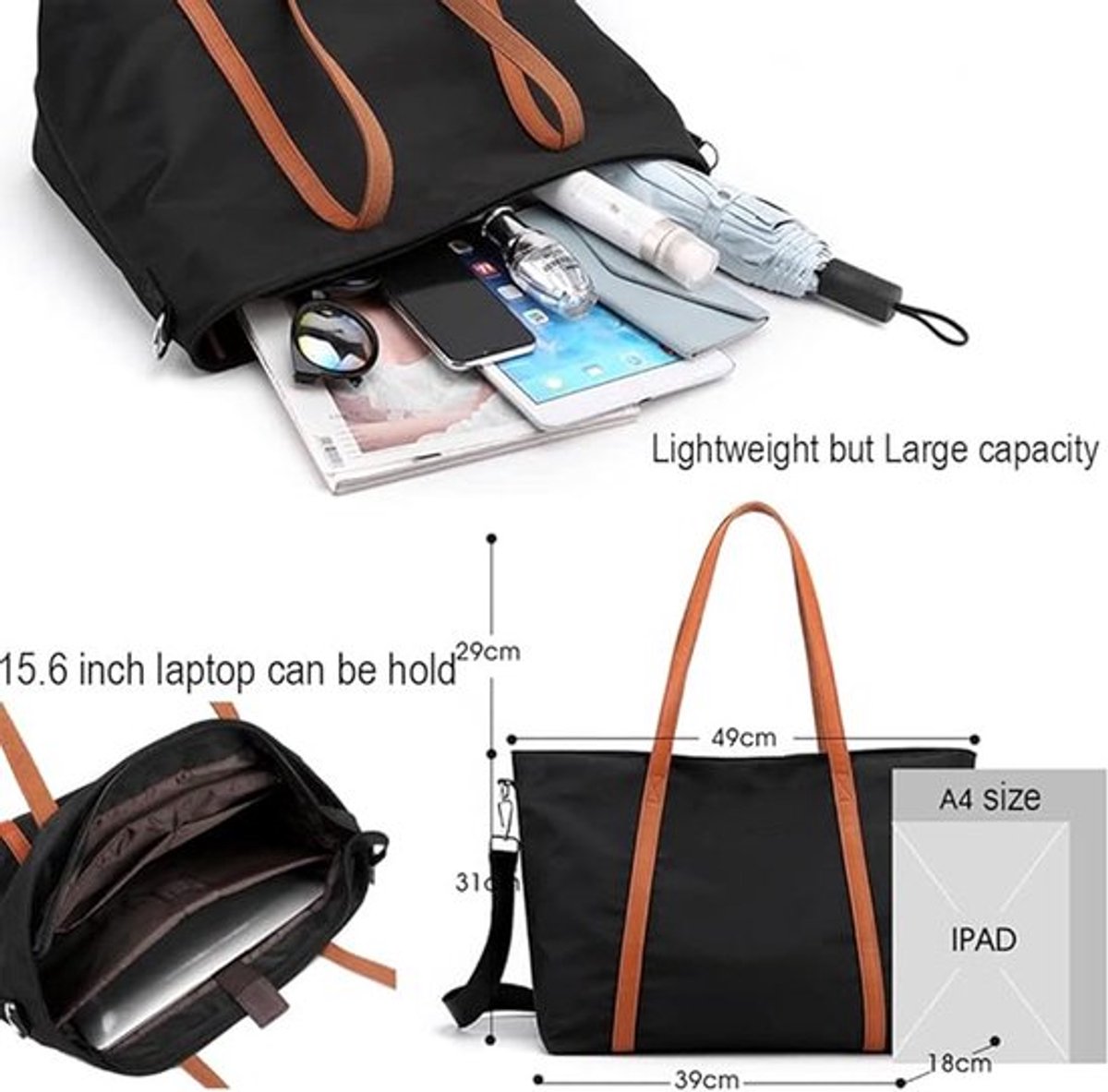 Women's Handbags - Women's Shopper Bag with Zipper - Shoulder Bag - School Bag - Handbag - Shopper - Grocery Bag - Laptop Bag - Weekend Bag - Beach Bag - Tote Bag - Work Bag - Detachable Shoulder Strap - Suitable for a 15.6 Inch Laptop - Gift - Black - Image 5