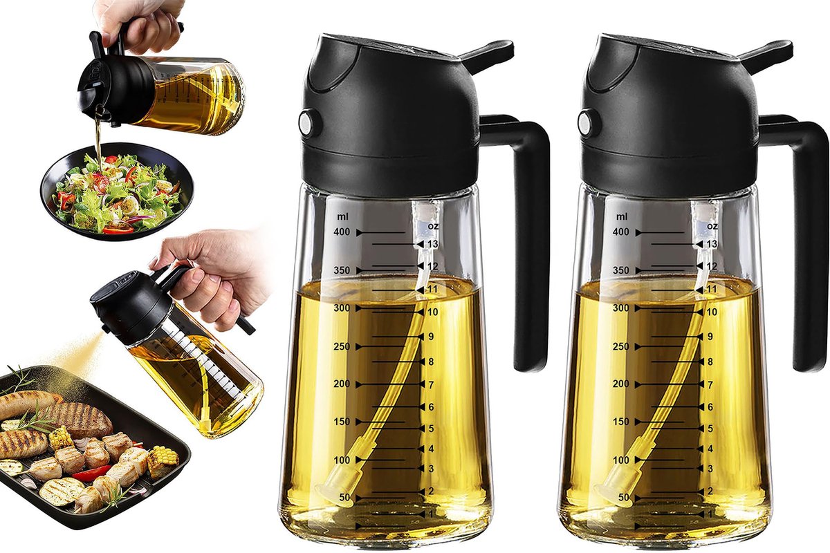 2-in-1 Olive Oil Sprayer - 470 ML - Glass - Olive Oil Bottle with Pour and Spray Function - Oil Atomizer - Oil Pump Cooking & Baking Spray - Refillable Oil Glass - BBQ Accessories - Airfryer - BPA-free - For Kitchen, Barbecue, Salads - 2 Pieces - Image 1