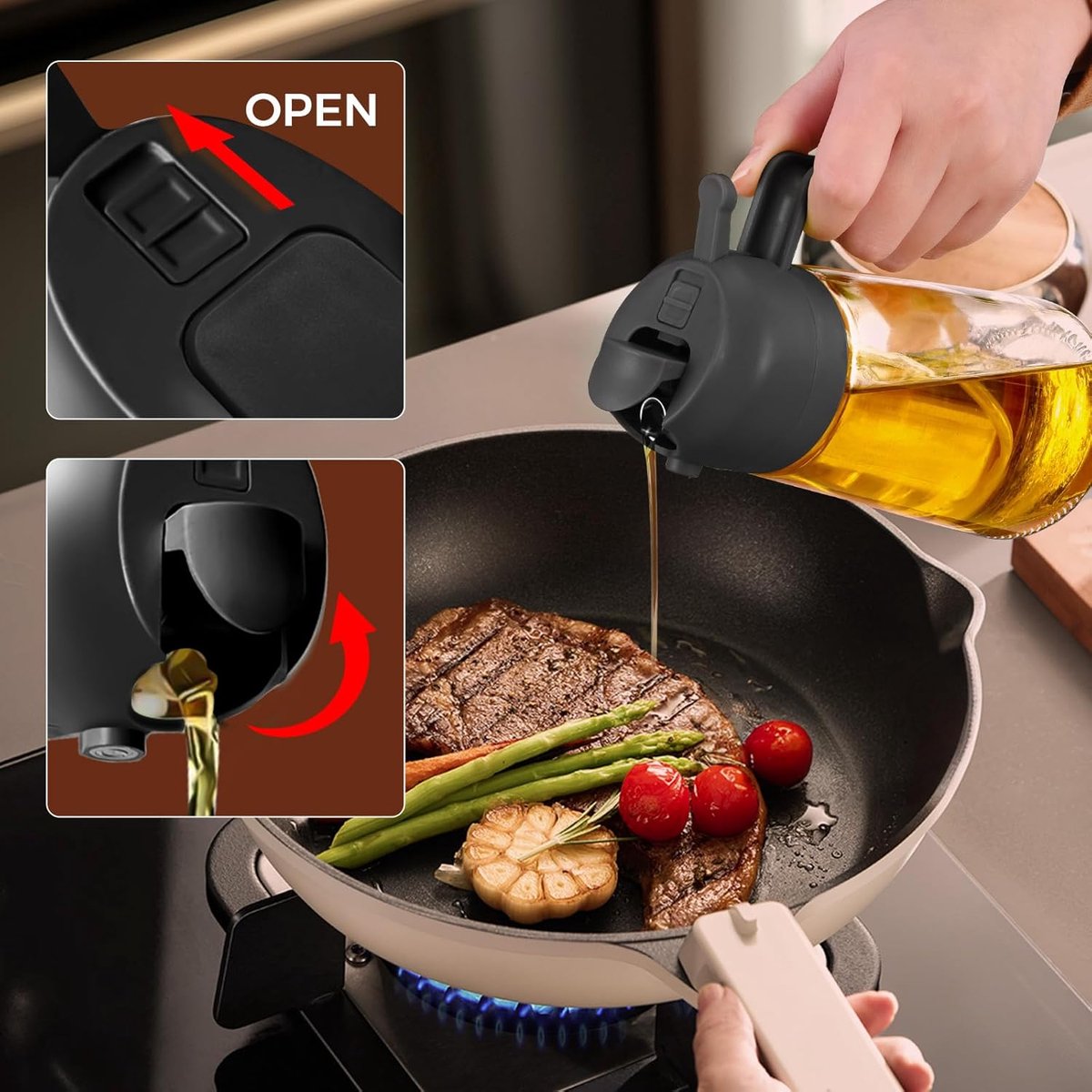 2-in-1 Olive Oil Sprayer - 470 ML - Glass - Olive Oil Bottle with Pour and Spray Function - Oil Atomizer - Oil Pump Cooking & Baking Spray - Refillable Oil Glass - BBQ Accessories - Airfryer - BPA-free - For Kitchen, Barbecue, Salads - 2 Pieces - Image 4
