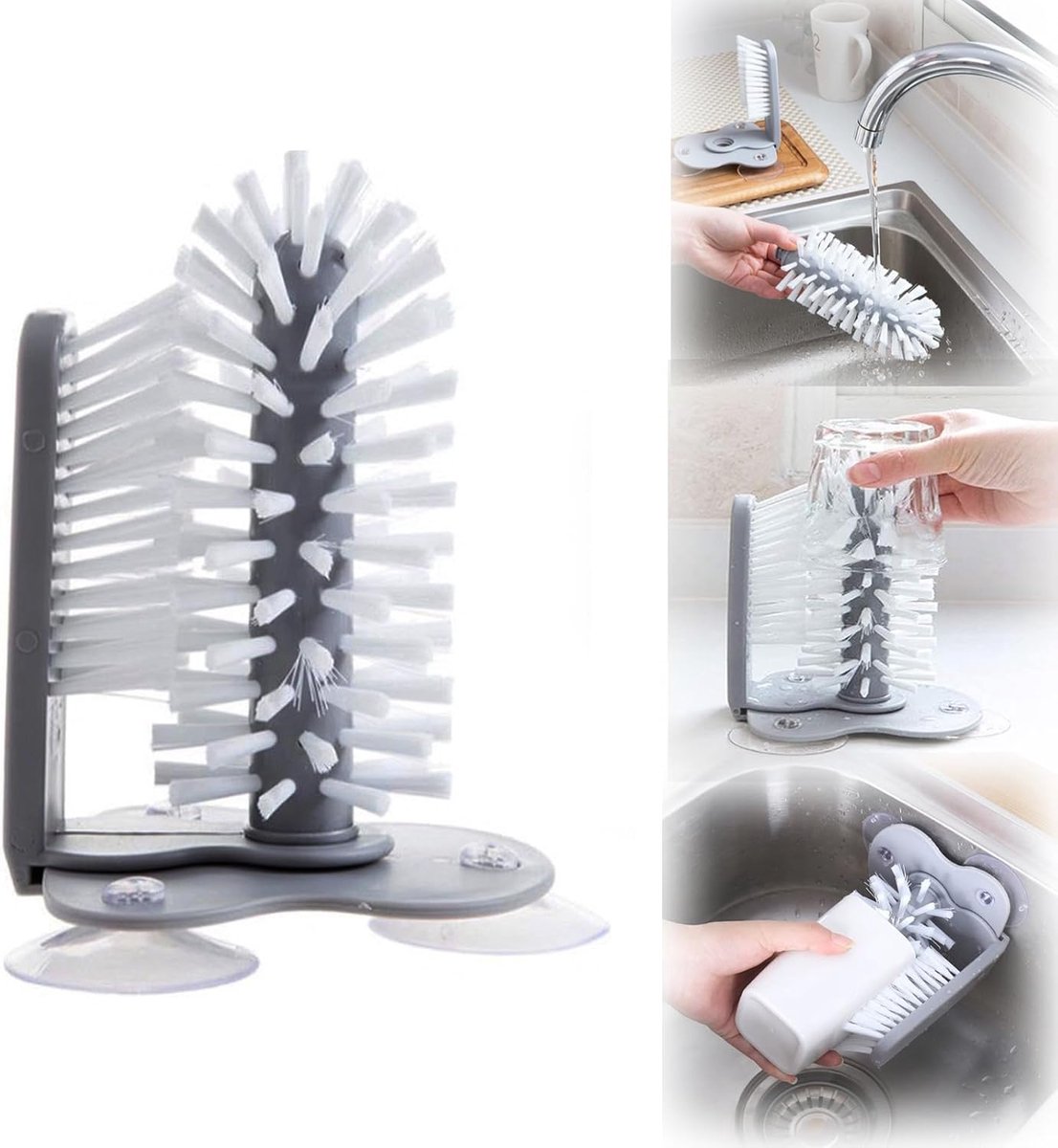 Rinse Brush - Glass Rinse Brush - Beer Glass Cleaner - For Glasses And Cutlery - Brush Cleaner - With Suction Foot - Dish Brush For Glasses - Cups - Mugs - Wine Glasses - Beer Glasses - Bar - Handy Kitchen Tools - For Cups, Mugs Or Glasses - Image 1