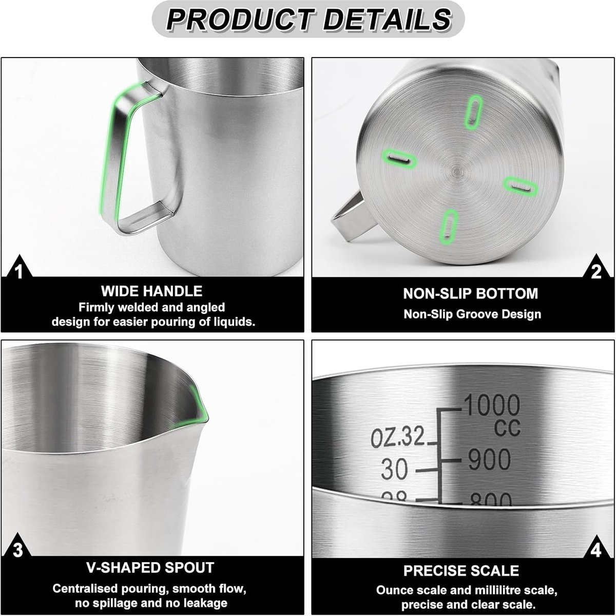 Measuring Cup with Pouring Spout - Measuring Cups with Scale - 1 Liter - Small Measuring Cups - Measuring Cups - Measuring Beaker - Cups - Measuring Jug - Measuring Cup - 304 Stainless Steel - 12 x 15 x 13 Cm (L x W x H) - Silver - For Precise Weighing an - Image 2