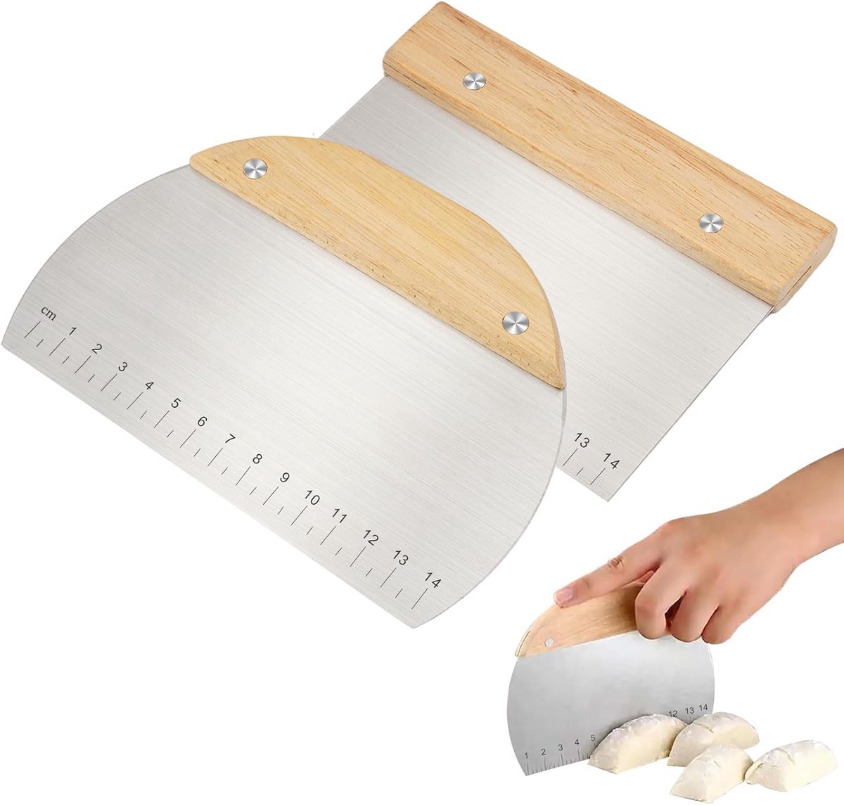 Dough Scraper - Pack of 2 dough spatulas with wooden handle - Dough Knife - Scraper - Vegetable Cutter - Dough Cutter - Dough Scraper - Dough Cutter - Durable - Stainless Steel - Dough Scraper - Semi-circular and Rectangular - Suitable for cutting dough, - Image 1