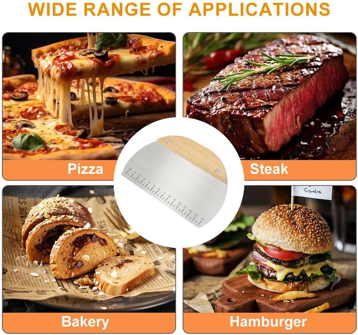 Dough Scraper - Pack of 2 dough spatulas with wooden handle - Dough Knife - Scraper - Vegetable Cutter - Dough Cutter - Dough Scraper - Dough Cutter - Durable - Stainless Steel - Dough Scraper - Semi-circular and Rectangular - Suitable for cutting dough, - Image 3