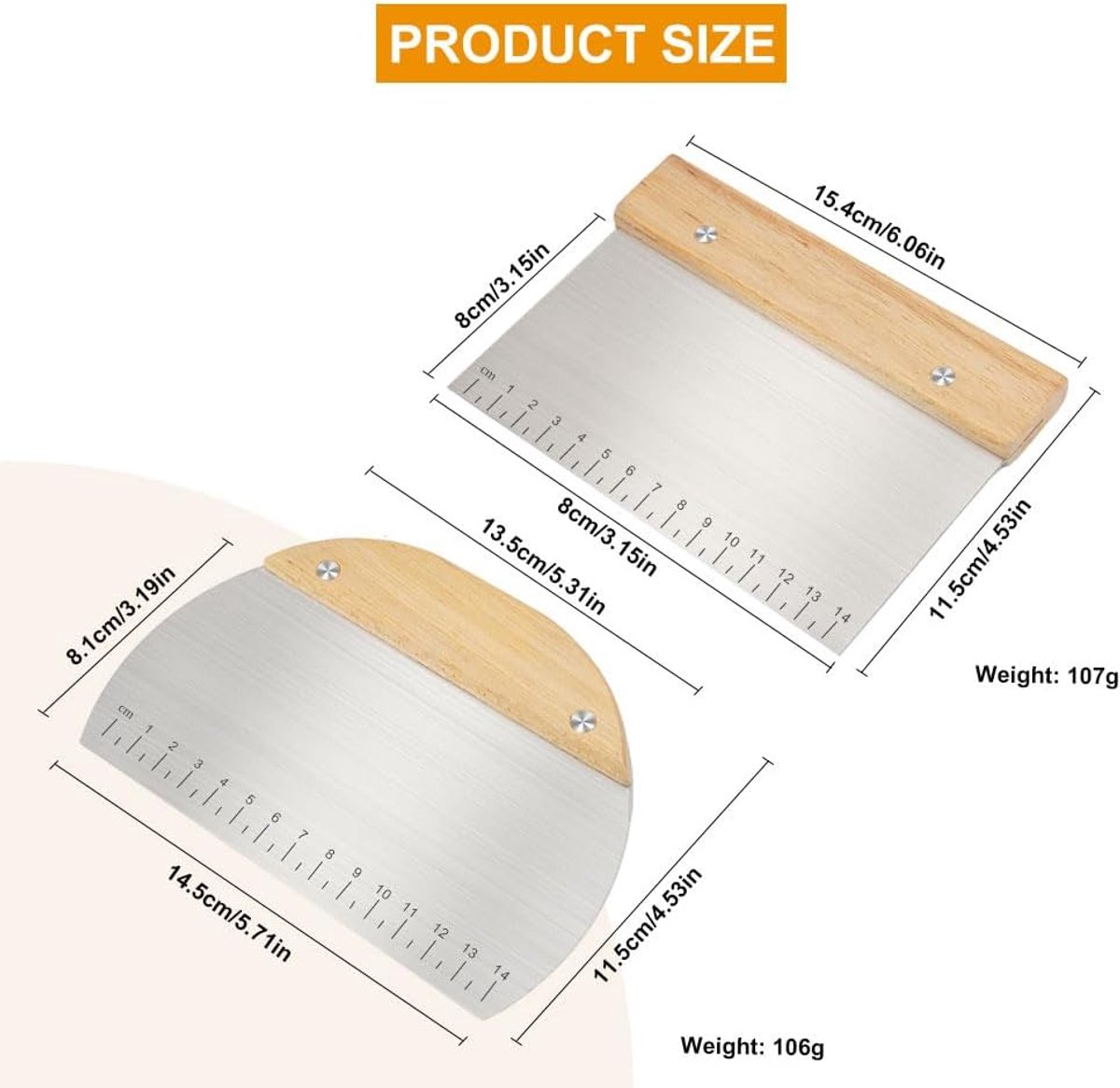Dough Scraper - Pack of 2 dough spatulas with wooden handle - Dough Knife - Scraper - Vegetable Cutter - Dough Cutter - Dough Scraper - Dough Cutter - Durable - Stainless Steel - Dough Scraper - Semi-circular and Rectangular - Suitable for cutting dough, - Image 5