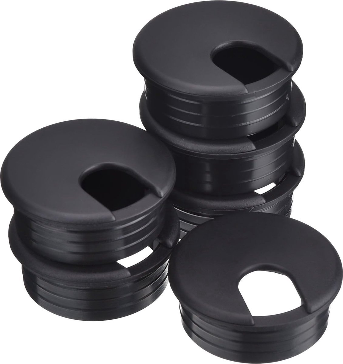 Desk cable grommet - 6 pieces - Ø 45mm - Cable grommet - ABS - Desk cable grommet - Desk end caps - Cable Organizer - Desk cable tray - Plastic cap with opening - Round - Cable organizer - Black - Sustainable - Neat - Image 1
