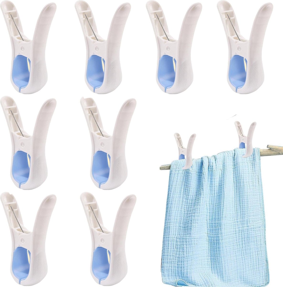 Clothes Pegs - 8 Pieces - Clothes Rack Pegs - Plastic Clothes Pegs - Synthetic Clothes Pegs - Large Towel Pegs - Plastic Pegs - Beach Towel Pegs - Large Towel Clips - Bath Towel Clips - Indoor and Outdoor - Durable - Opening 4 Cm - Blue - Image 1