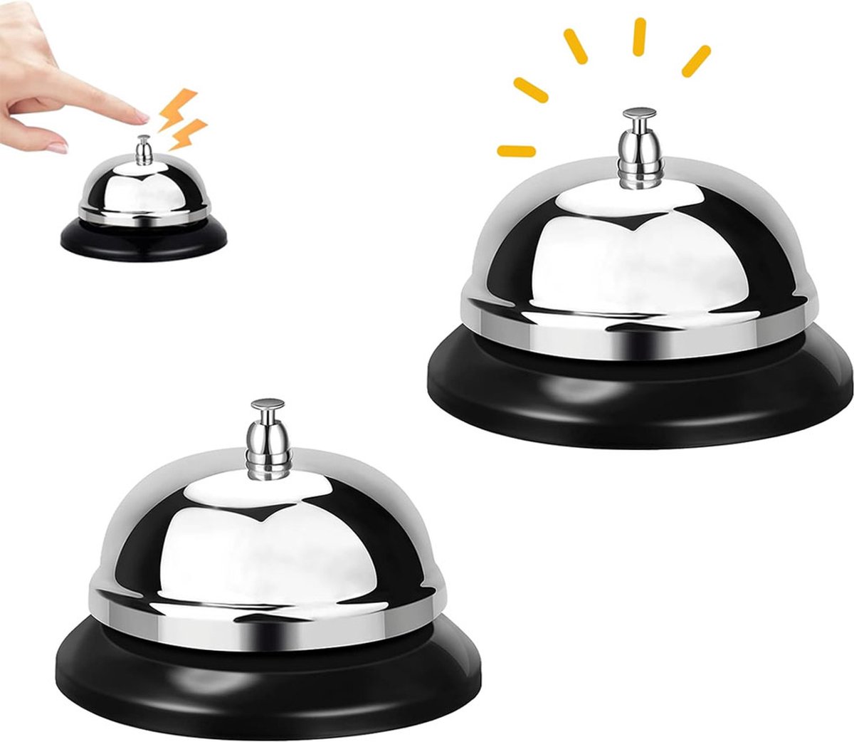 Table Bell - 2 Pieces - Reception Bell - Small Table Bell - School Bell - Counter Bell - Hotel Bell - Butler Bell - Kitchen Bell - Hospitality Bell - Santa Claus Bell - Stainless Steel - 9 Cm - Loud Sound - Bell - Silver/Black - Image 1