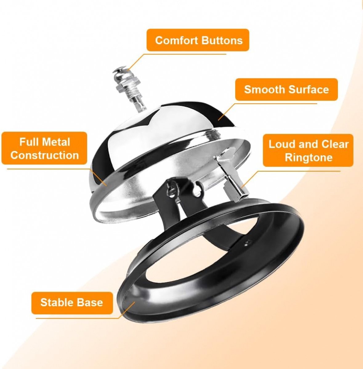 Table Bell - 2 Pieces - Reception Bell - Small Table Bell - School Bell - Counter Bell - Hotel Bell - Butler Bell - Kitchen Bell - Hospitality Bell - Santa Claus Bell - Stainless Steel - 9 Cm - Loud Sound - Bell - Silver/Black - Image 2