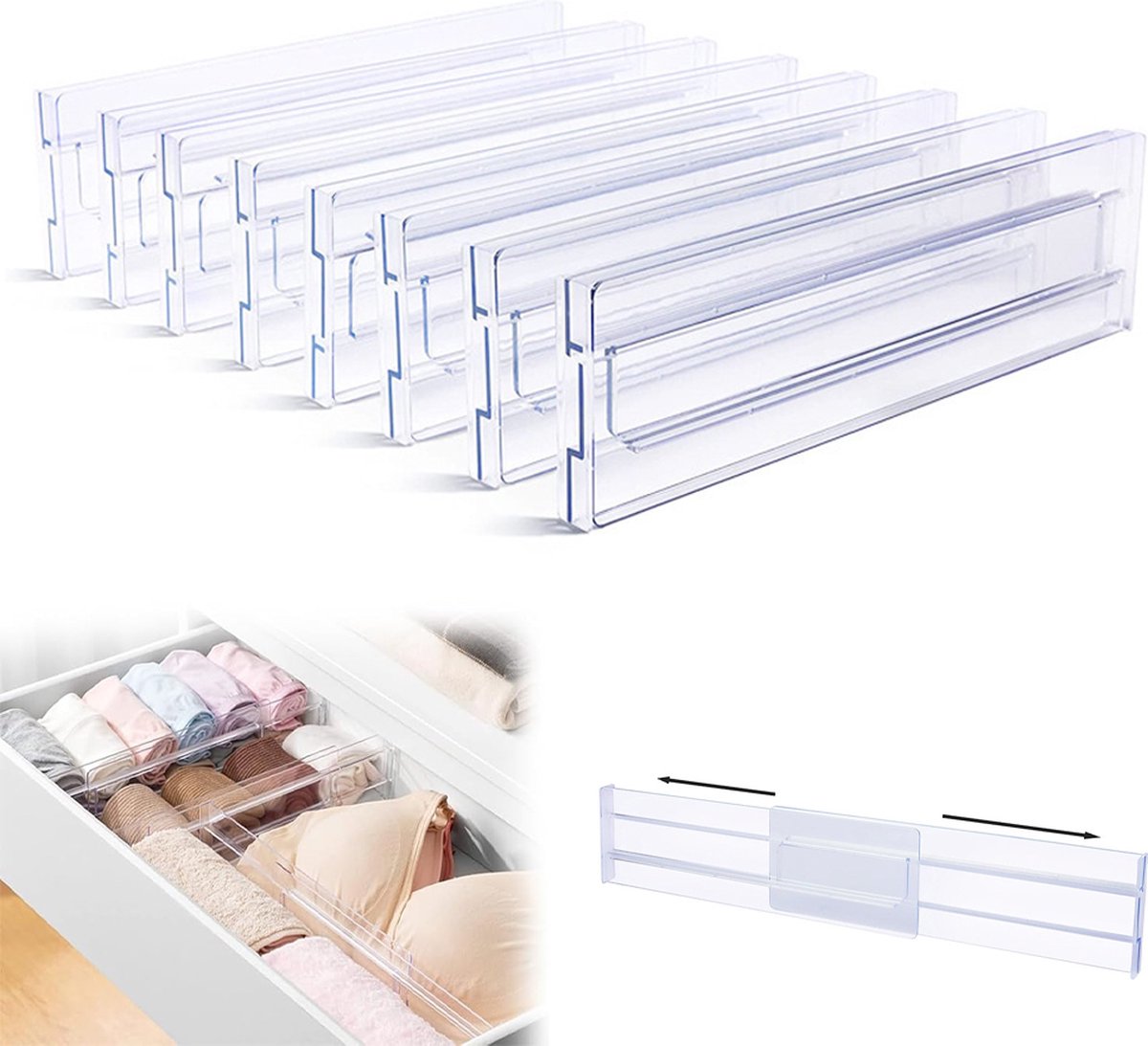 Drawer Divider - 8 Pieces - Drawer Organizer - Cutlery Organizer - Storage System - Drawer Trays - For Kitchen/Bedroom/Office/Clothing - Easy to Install - Organizers - Adjustable - Extendable - Plastic - Multifunctional - Transparent - Image 1