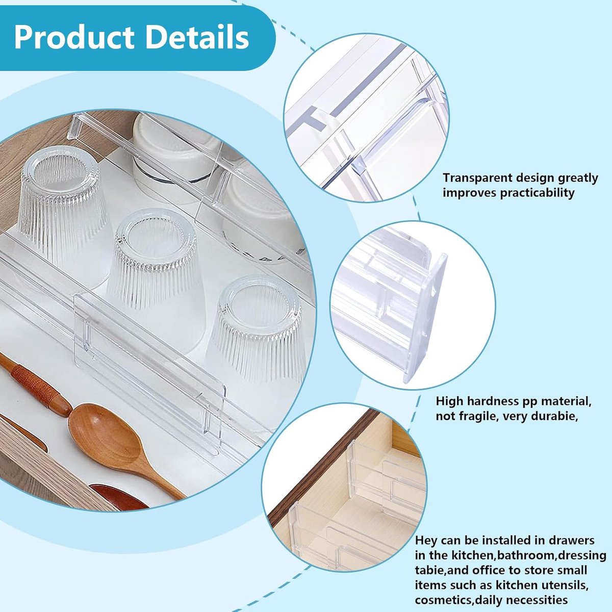 Drawer Divider - 8 Pieces - Drawer Organizer - Cutlery Organizer - Storage System - Drawer Trays - For Kitchen/Bedroom/Office/Clothing - Easy to Install - Organizers - Adjustable - Extendable - Plastic - Multifunctional - Transparent - Image 3