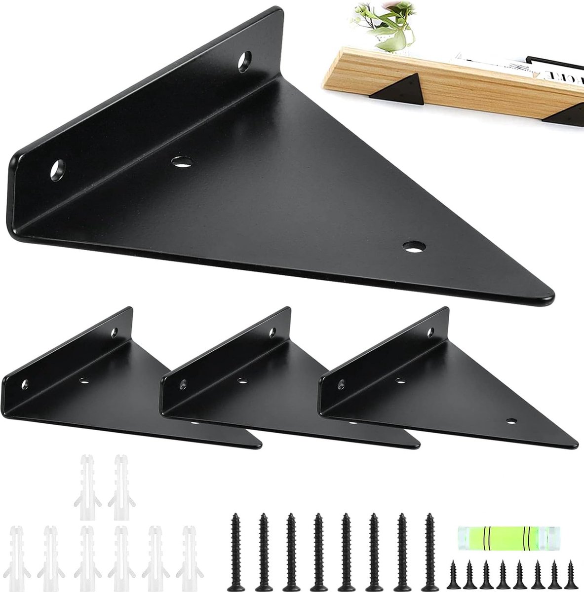 Shelf Brackets - 4 Pieces - Triangular Shelf Bracket - Wall Bracket - Wall Brackets - 80*100mm - Steel - Invisible - Triangular - Incl. Mounting Material - Floating Shelf Holder Wall Bracket - Metal Shelf Brackets - Black - For Living Room, Bedroom, Garag - Image 1