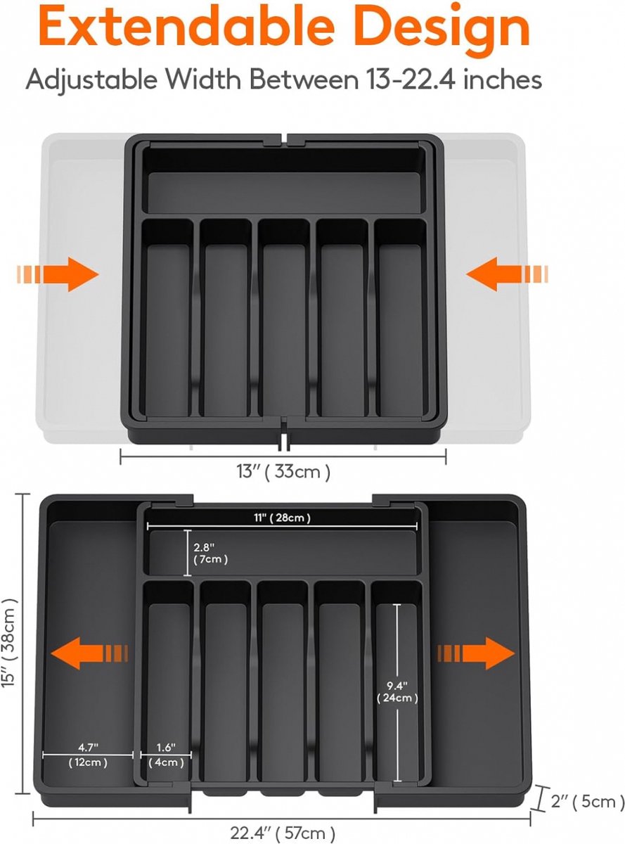 Extendable Cutlery Tray with 8 Compartments - 38 Cm Deep - Cutlery Cassette - Cutlery Drawer Organizer - Kitchen Cutlery Holder - BPA-Free - Organizer - Kitchen Drawer - Cutlery - 57 x 38 x 5 Cm Maximum Size - 33 x 38 x 5 Minimum Size - 6 to 8 Compartment - Image 5