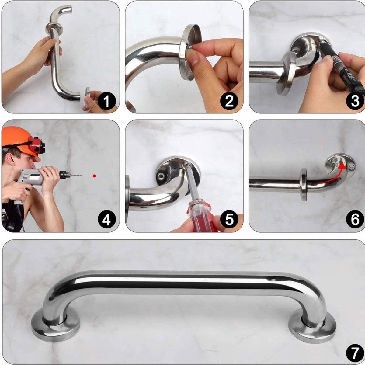 Wall Grab Bar - Extra Grip - 2 Pieces - 40 Cm - Stainless Steel - Handle / Wall Grab Bar for Bathroom / Shower / Toilet - Toilet Grab Bar - Bath Grab Bar - Shower Grab Bar - Non-Slip Grab Bar - Bathroom Handle - Safety Grip - High Load Capacity - Screws I - Image 3