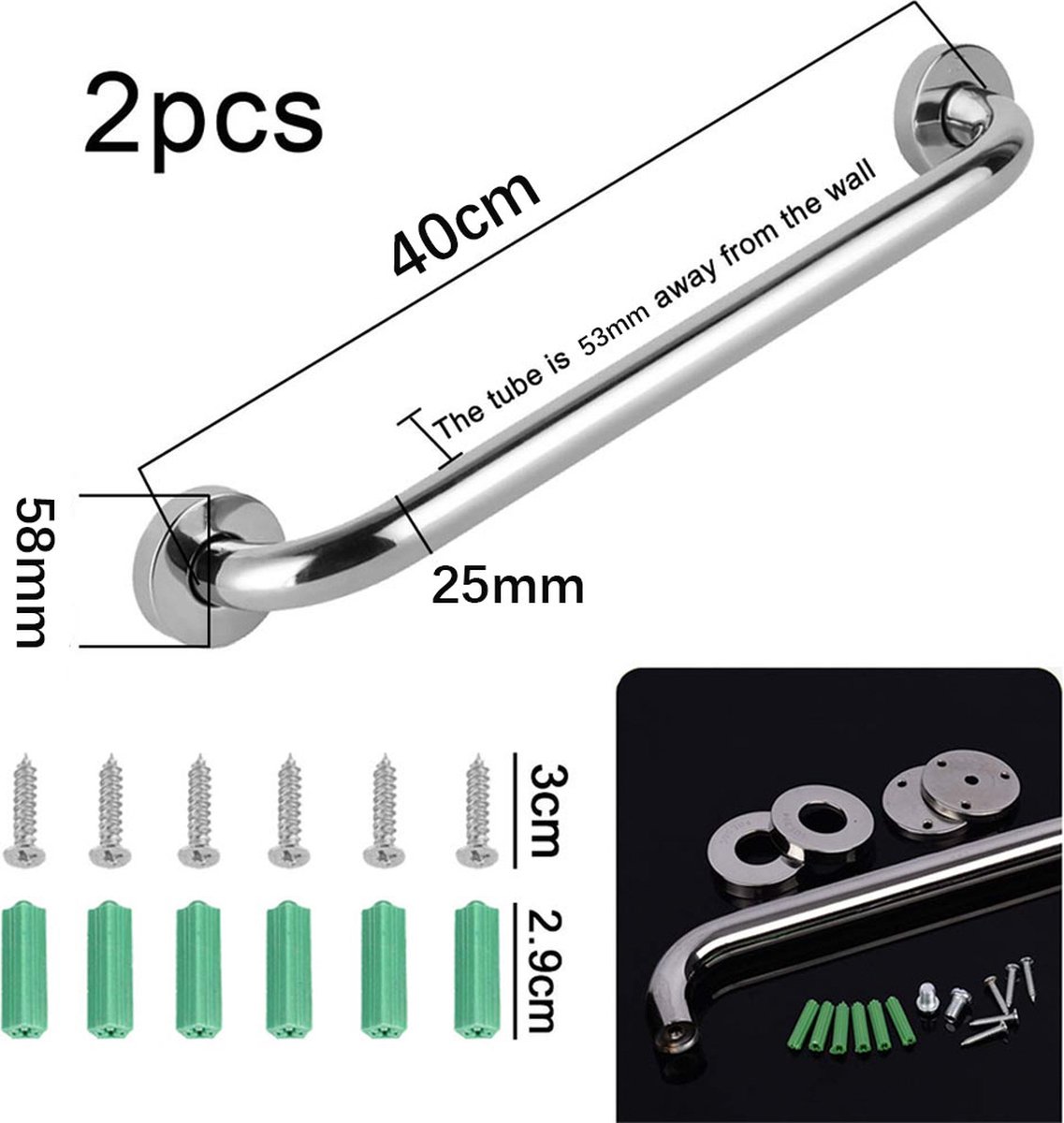 Wall Grab Bar - Extra Grip - 2 Pieces - 40 Cm - Stainless Steel - Handle / Wall Grab Bar for Bathroom / Shower / Toilet - Toilet Grab Bar - Bath Grab Bar - Shower Grab Bar - Non-Slip Grab Bar - Bathroom Handle - Safety Grip - High Load Capacity - Screws I - Image 5