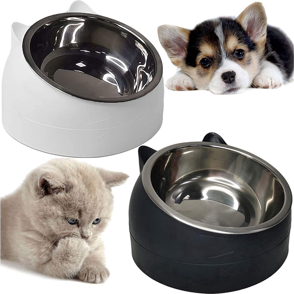 Dog Food Bowl - Cat Food Bowl - Stainless Steel - BPA-Free - Removable 2-in-1 Pet Bowl - 15° Tiltable - 2 x 200 ml - Dog Bowl - Sturdy - Durable - Non-Slip - - Dog & Cat Drinking Bowl - Black and White - Easy to Clean - Cat and Dog Gifts - Image 1