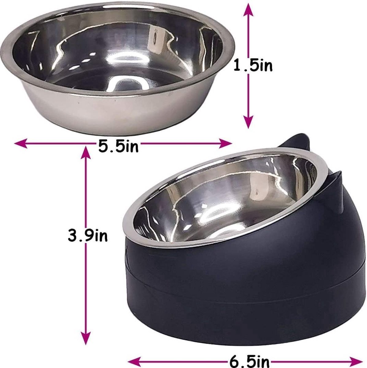Dog Food Bowl - Cat Food Bowl - Stainless Steel - BPA-Free - Removable 2-in-1 Pet Bowl - 15° Tiltable - 2 x 200 ml - Dog Bowl - Sturdy - Durable - Non-Slip - - Dog & Cat Drinking Bowl - Black and White - Easy to Clean - Cat and Dog Gifts - Image 2