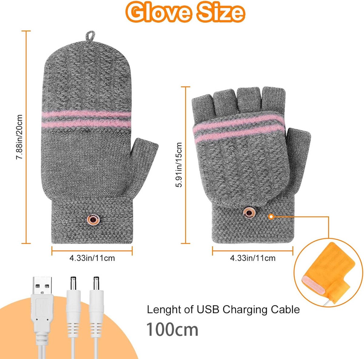 Heated Gloves - USB Heated Mittens - Heated Gloves - Electric Winter Gloves - Knitted Heated Gloves - Waterproof - Windproof - USB Rechargeable - Electrically Heated - One Size - Unisex - Winter Gift - Grey - Image 2