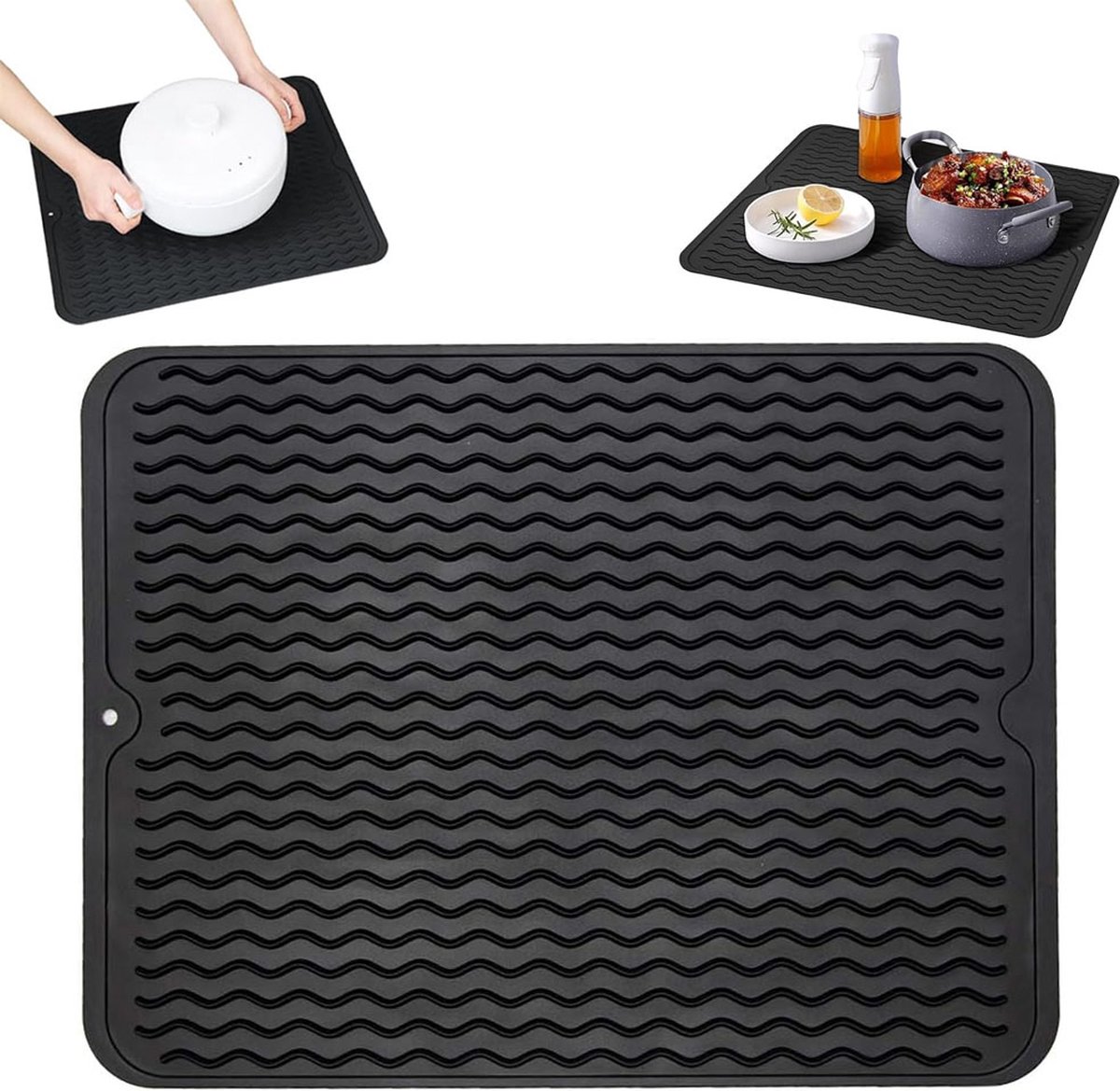 Draining Mat - Drying Mat - Silicone Mat - Dishwashing Mat - Countertop Mat - Bar Mat - With Hanging Hole - Black - 30 x 40 Cm - Pot Coaster - Draining Racks - Anti-Slip - Heat Resistant - Dishwasher Safe - Image 1