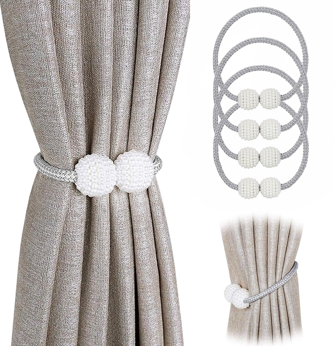 Curtain Tieback - Magnetic Curtain Cord - 4 Pieces - Super Strong Magnetism - Curtain Holder - Curtain Tie - Curtain Holder Clamps - Curtain Ties - Curtain Clamps - Curtain Clips - Accessories - Curtain Holder - Grey - No Drilling Required - Image 1