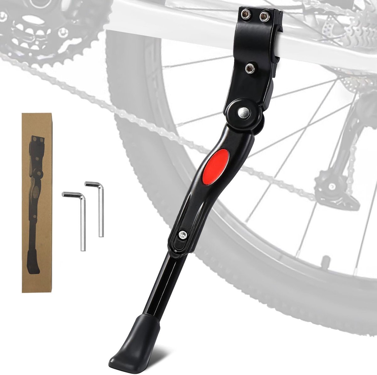 Single Adjustable Bicycle Kickstand - Suitable for 22'' to 17'' - Single Bicycle Stand - Side Stand - Aluminum Stainless Steel - Sturdy Wide Base - Easy to Install - Universal - Black - Bicycle, E-Bike, City Bike & Mountain Bike - With Hex Wrench - Image 1