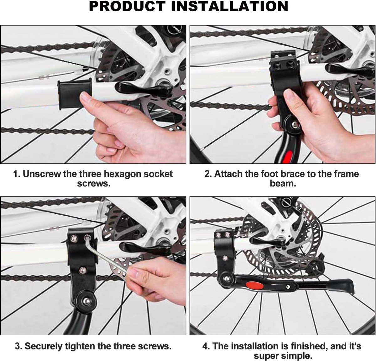 Single Adjustable Bicycle Kickstand - Suitable for 22'' to 17'' - Single Bicycle Stand - Side Stand - Aluminum Stainless Steel - Sturdy Wide Base - Easy to Install - Universal - Black - Bicycle, E-Bike, City Bike & Mountain Bike - With Hex Wrench - Image 4