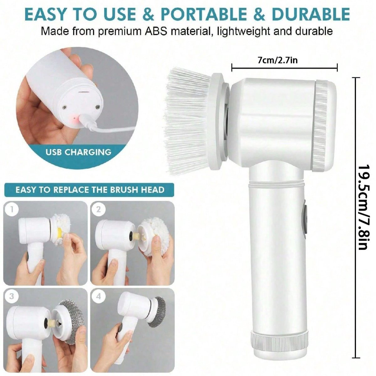 Electric Cleaning Brush - Electric Scrubber - Rechargeable and Cordless Scrubber - Scrubber with Handle - Mini - Polishing Machine - Scrubber Brush - For Bathroom, Kitchen, Dishes, Sink - 7 Attachments - Includes Wall Holder - Image 2