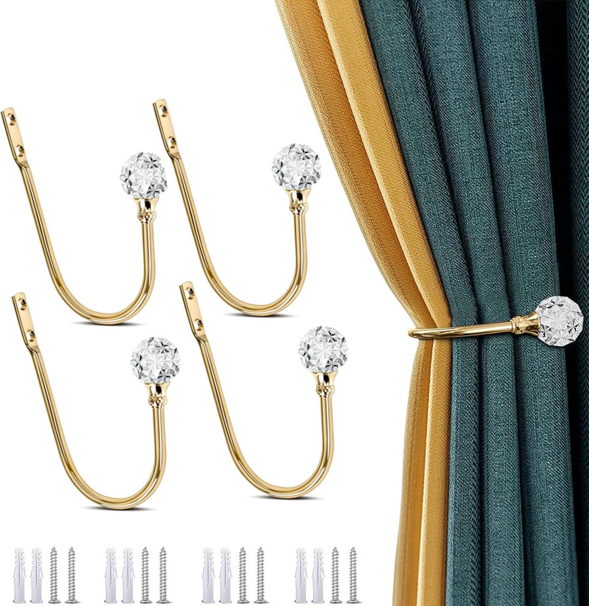 Curtain Tiebacks - 4-Piece Curtain Holders - High Quality - Curtain Tieback Hook - Tiebacks for Curtains - Curtain Bracket - Curtain Tie - For Curtains - Curtain Accessories - Drilling & Installation - Robust and Durable - Gold - Image 1