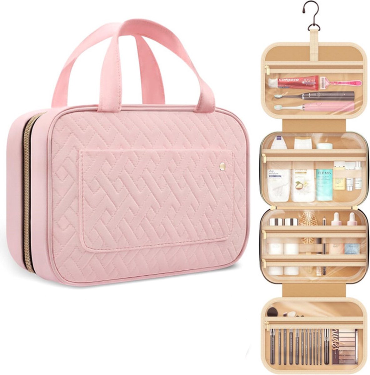 Toilet Bag With Hook - Hanging Toilet Bag - Women and Men - Water Resistant - Makeup Bag - Women's Beauty Case - Toilet Bag - Toilet Sack - Outdoor Travel Toilet Bag - Travel Organizer Men & Women, Girls and Children - Pink - Practical & Portable - Image 1