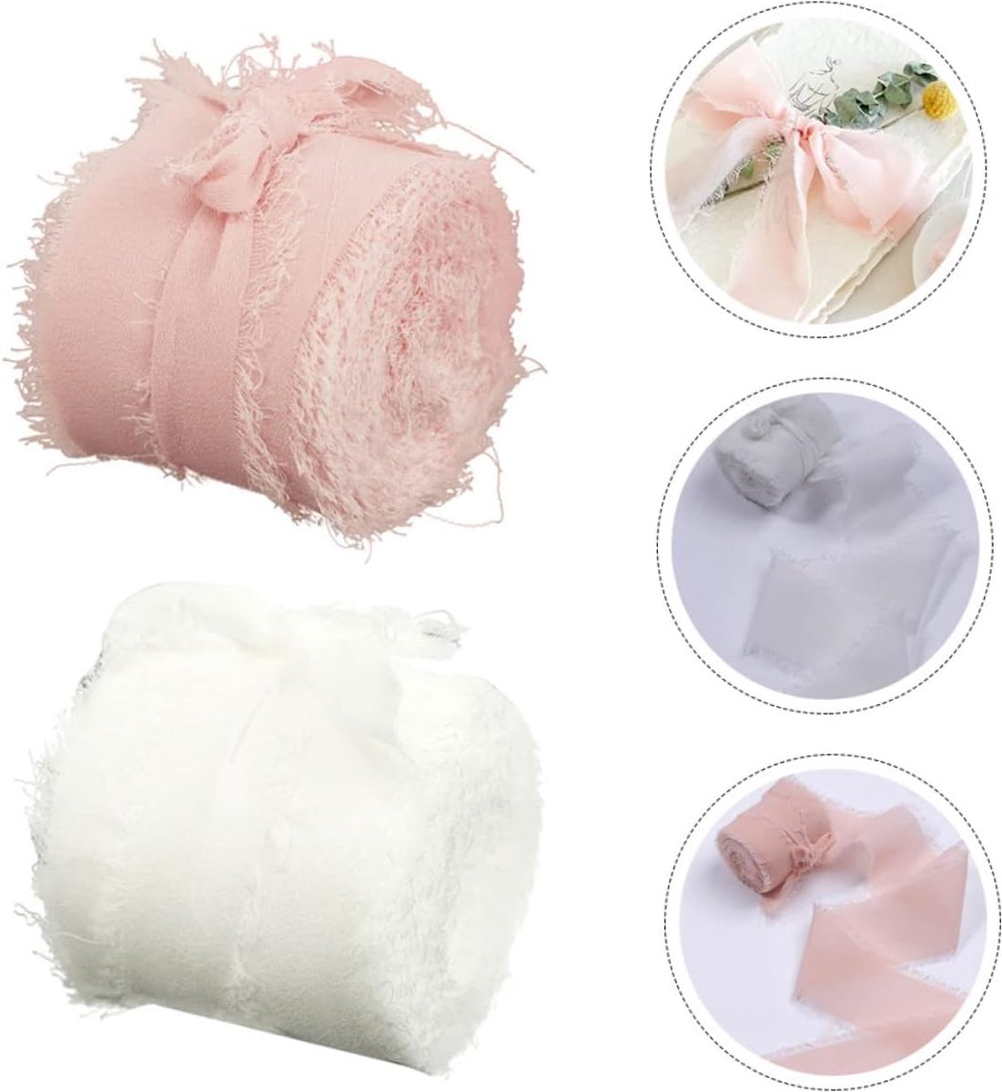 Gift Ribbon - Decorative Ribbon - Fabric Ribbon - Length: 5 Meters - Gift Wrapping - Decorative Ribbon - Hand-Torn Ribbon - With Raw Edge - DIY Crafts - For Gift Wrapping Making a Bow Garment Accessories - Pink+Beige - 2 Pieces - Image 1