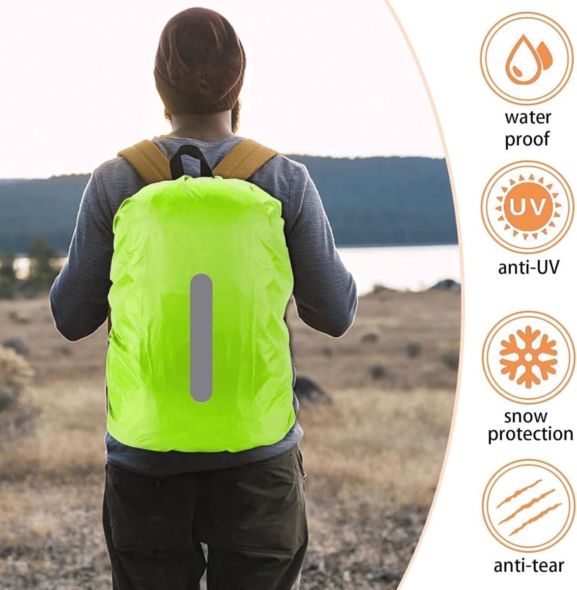 2-Piece Waterproof Backpack Cover - Reflective Rain Cover Backpack - 30 to 40 Liters - Waterproof Backpack Rain Cover - Reflective Backpack Covers in Polyester - Black & Green - Size L - Waterproof Backpack Cover for Outdoor Hiking Driving Climbing - Image 5