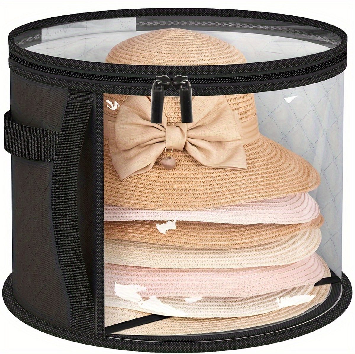 Hat Box - Hat Storage Box - Storage Box for Hats - Round Hat Boxes - Ø 42x27.8 cm - Stackable Hat Organizer - Foldable Round Brim Hat Organizer Bag - With Zipper, Transparent Window - Black - 1 Piece - Image 1