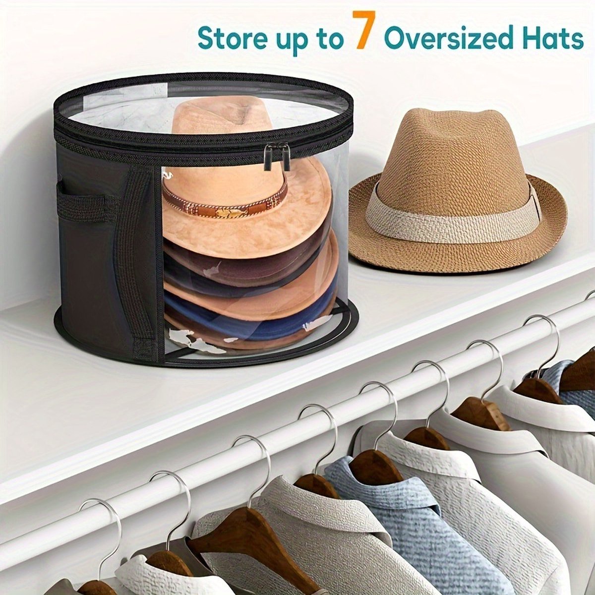 Hat Box - Hat Storage Box - Storage Box for Hats - Round Hat Boxes - Ø 42x27.8 cm - Stackable Hat Organizer - Foldable Round Brim Hat Organizer Bag - With Zipper, Transparent Window - Black - 1 Piece - Image 4