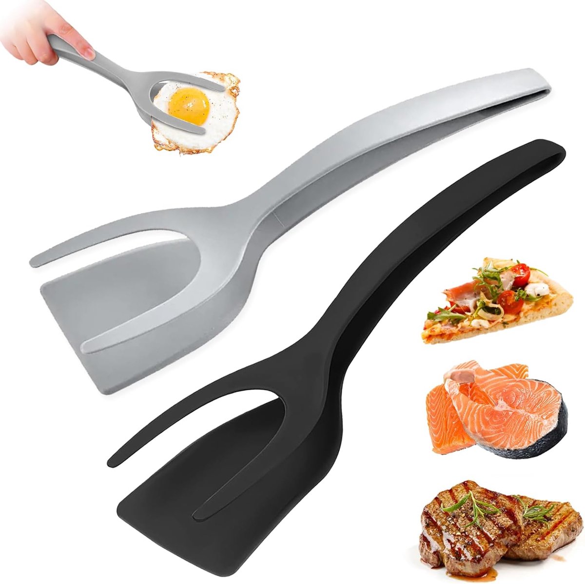 Multifunctional Spatula - 2 Piece - 2 In 1 Spatula/Tongs - Kitchen Tools - Cookware - Kitchen Spatula - Silicone - BBQ / Cooking Accessory - Heat Resistant - Non-Stick - For Flipping Fried Eggs, Pancakes, Bread - Dishwasher Safe - Image 1