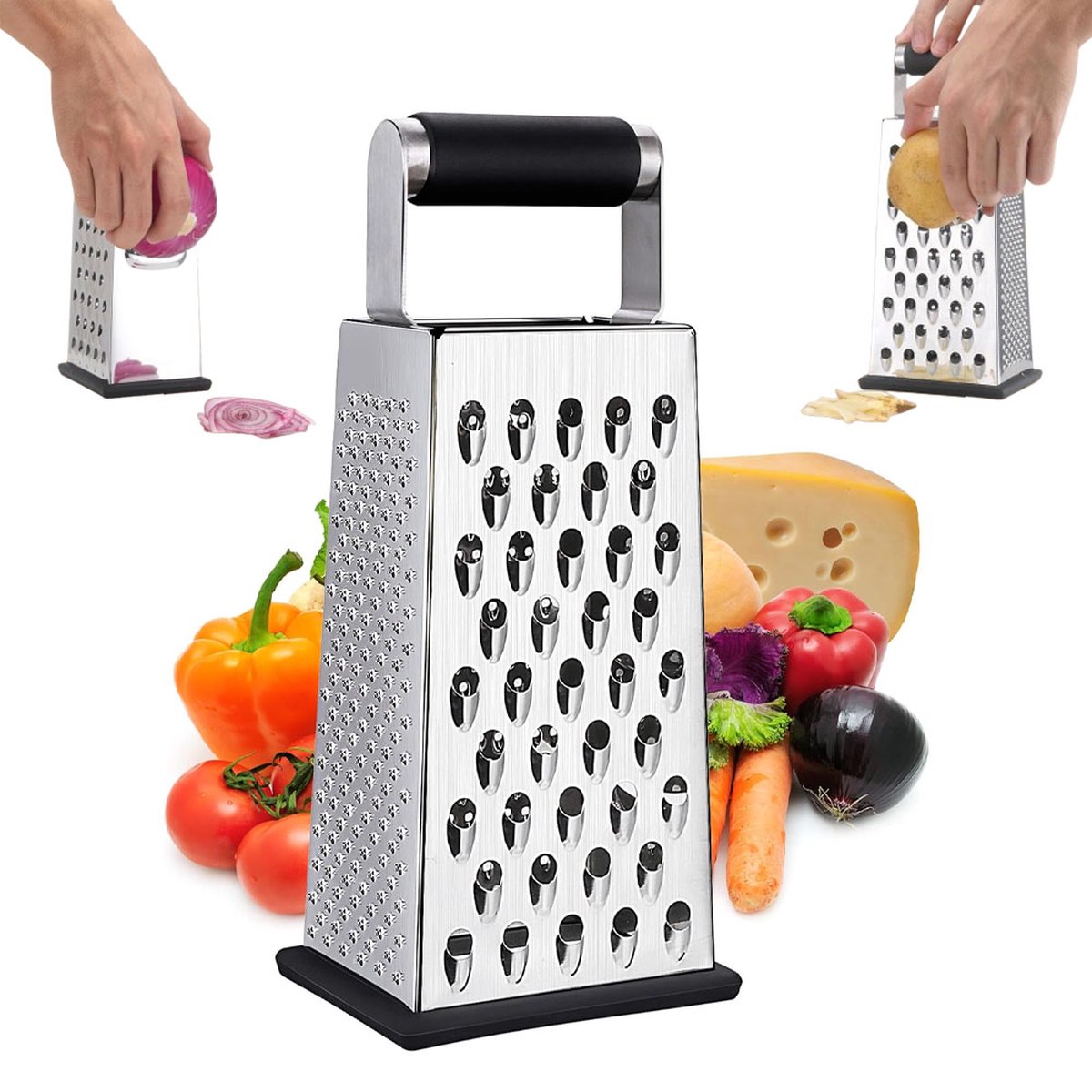 Box Grater - Graters - Stainless Steel - 4-Sided - Table Grater - Tower Grater - Kitchen Grater with Handle - Cheese Grater - Hand Graters - Cooking - Kitchen Utensils - Dishwasher Safe - Silver - Image 1