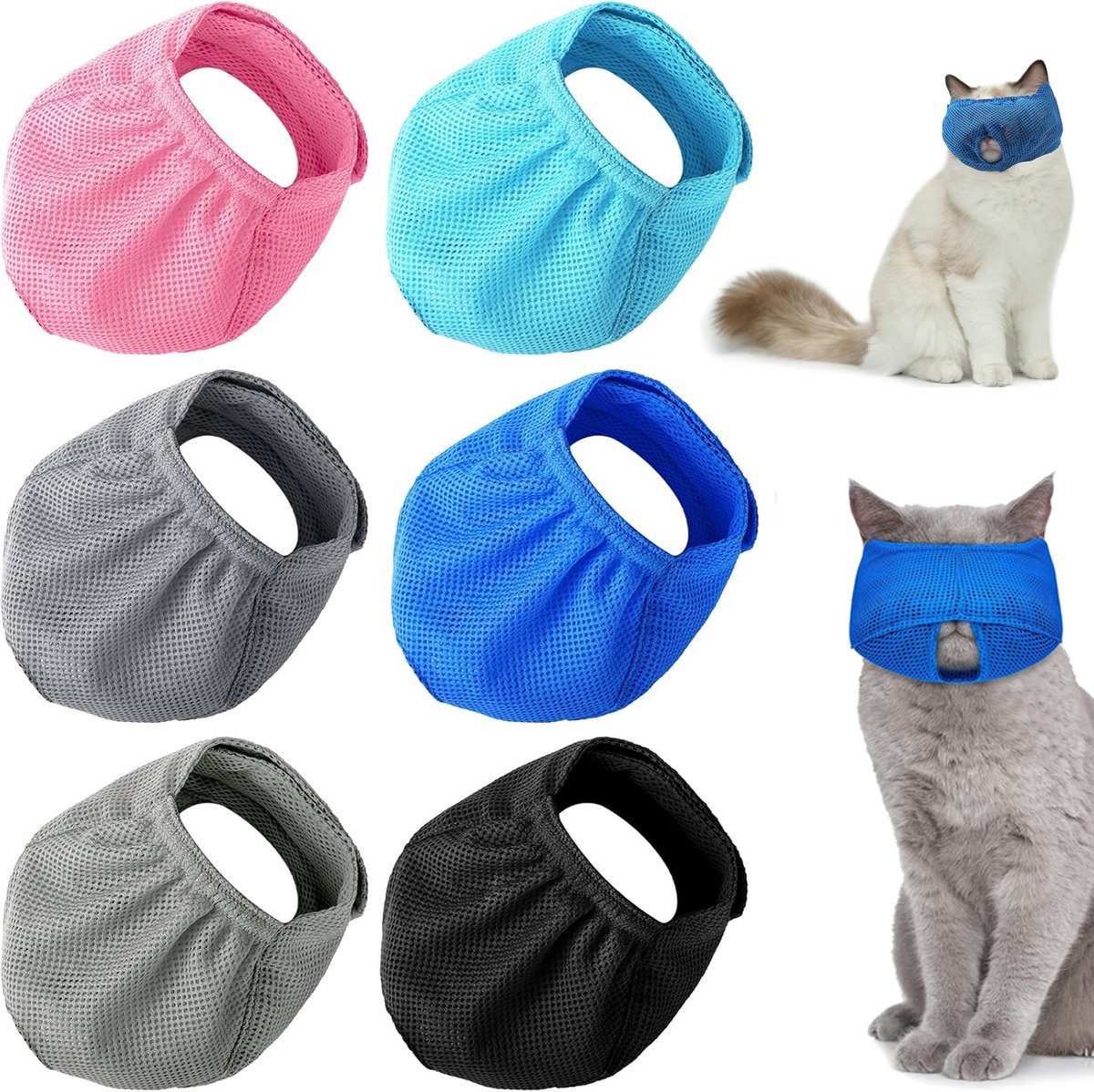 6 Pieces - Breathable Cat Muzzle Size L - Cat Muzzles - Muzzles for Cats and Kittens - Neck Circumference: 18-26 Cm - For Travel, Vet Visits and Bathrooms - Nylon - Eye Mask for Pet Grooming - Cat Muzzle - Breathable - Comfortable - Image 1