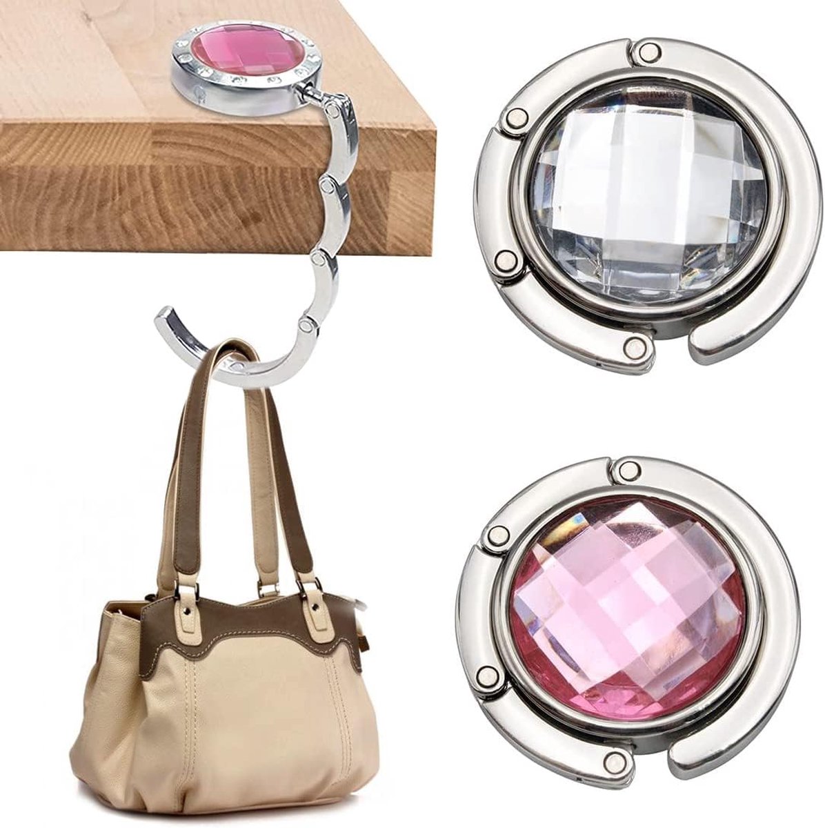 Table Bag Hook - Bag Hooks for Table - Set of 2 Portable Bag Hangers - Silver - Bag Hanger - Desk Bag Hanger - Small Bag Hooks - Handbag Hanger for Table - Foldable Bag Hook - Foldable Bag Hangers for Table - Pink / White - Image 1