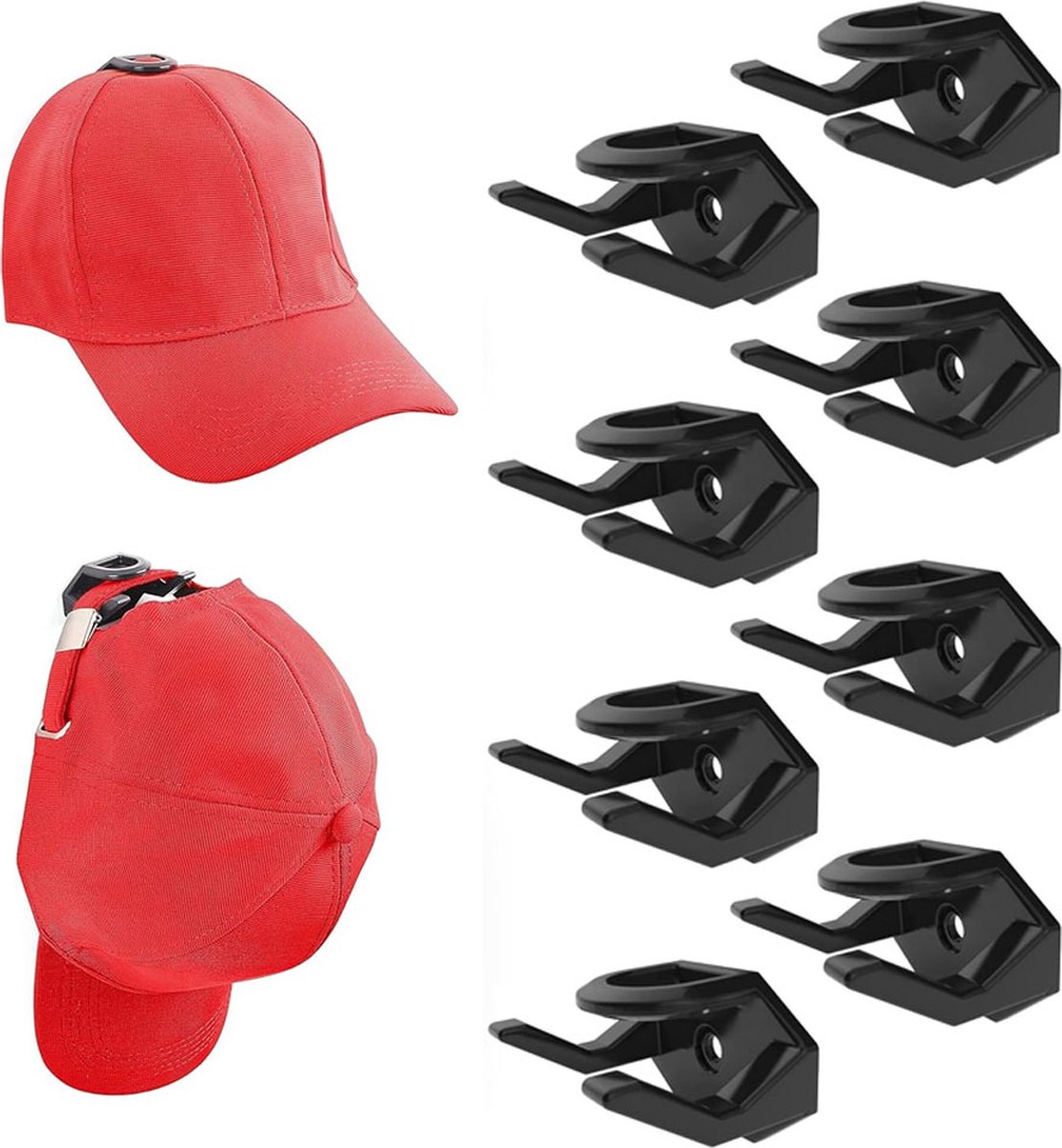 Cap Rack Set of 8 - Wall Cap Holders - Cap Hooks - With Screws and Tape - Two Installation Methods - Cap Rack Coat Rack - Cap Rack Storage System - Cap Storage Bag - Hat Holder - Cap Organizer - Double Suspension - Black - Image 1