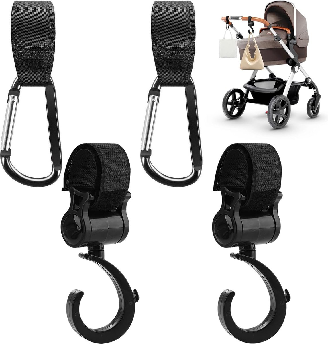 4 Stroller Bag Hooks - Bag Hook - Stroller Straps - Buggy Hook - Stroller Hooks - Multifunctional Velcro Hook - Large - Stroller Bag Hooks - Shopping Hook - Universal Bag Hook - Buggy Bag Hooks - Buggy Accessories - Image 1