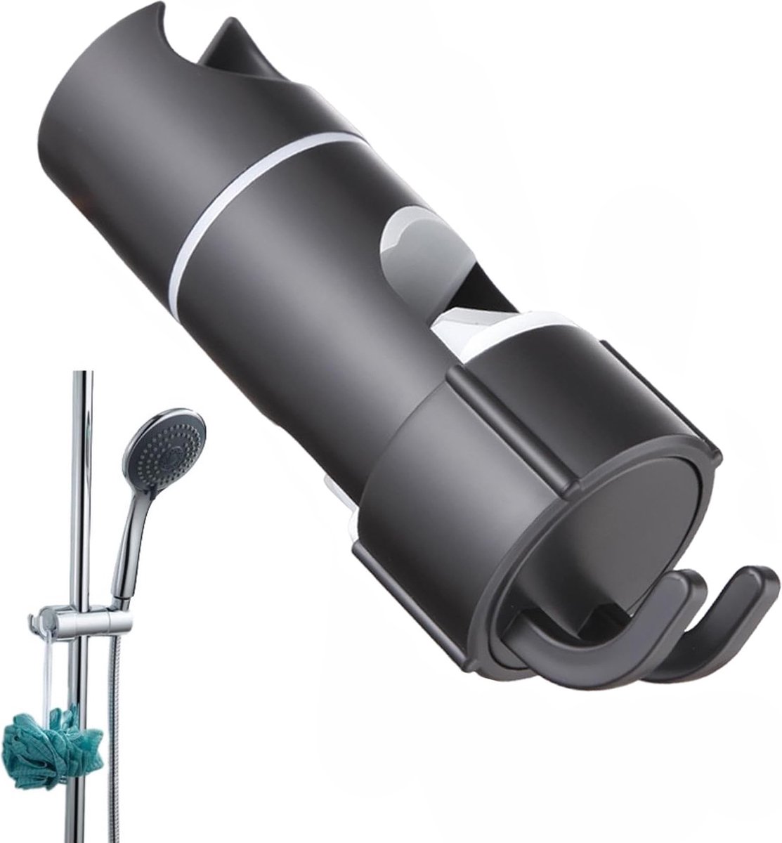 Slide Piece for Shower Rod - ø 18-25 mm - Hand Shower Bracket - With 2 Hooks - Chrome - Adjustable - ABS - Hand Shower - Shower Head - Shower Head Holder - Hand Shower Holder - Shower - Bathroom - Black - Universal - For Shower Rod - Easy Installation - Image 1