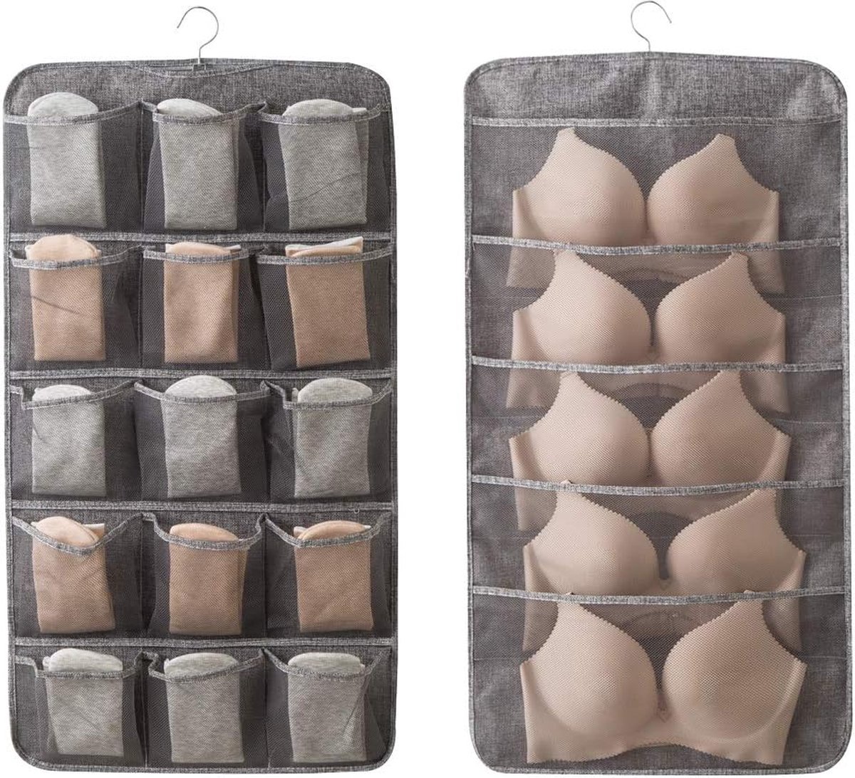 Bra Organizer - Double-Sided 12+18 Storage Pockets - Bra Divider for Closet - Hanging Underwear Divider - Beige - Hanging Storage Bag for Clothing - Clothing Organizer - Washable - Underwear / Socks / Shirts / Bra - Space Saving - 1 Piece - Image 1