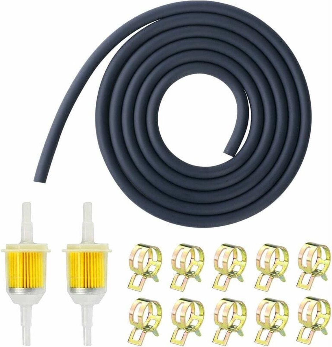 2x Gasoline Filter 10 cm - Inline Fuel Filter with 5 mm and 8 mm - Universal - Filter - Transparent - With 2 Meter Fuel Hose and 10 Hose Clamps - Fuel Hose - Scooter - Motorcycle - Car - 13-Piece Set - Image 1