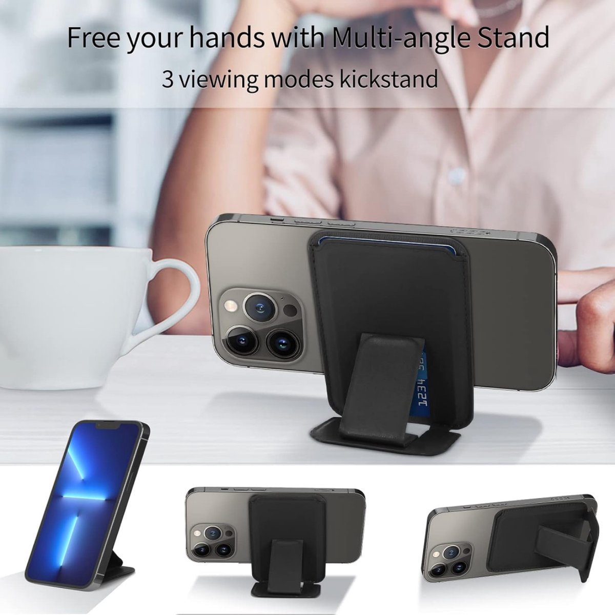 Wallet Stand - Strong Magnetic Card Holder - Suitable for MagSafe - 2-Card Wallet - Ultra-Thin - Foldable - Card Holder for Men & Women - Card Holder - Credit Card Holder - Magnetic Closure - Stand Function - Stand - Black - Image 5