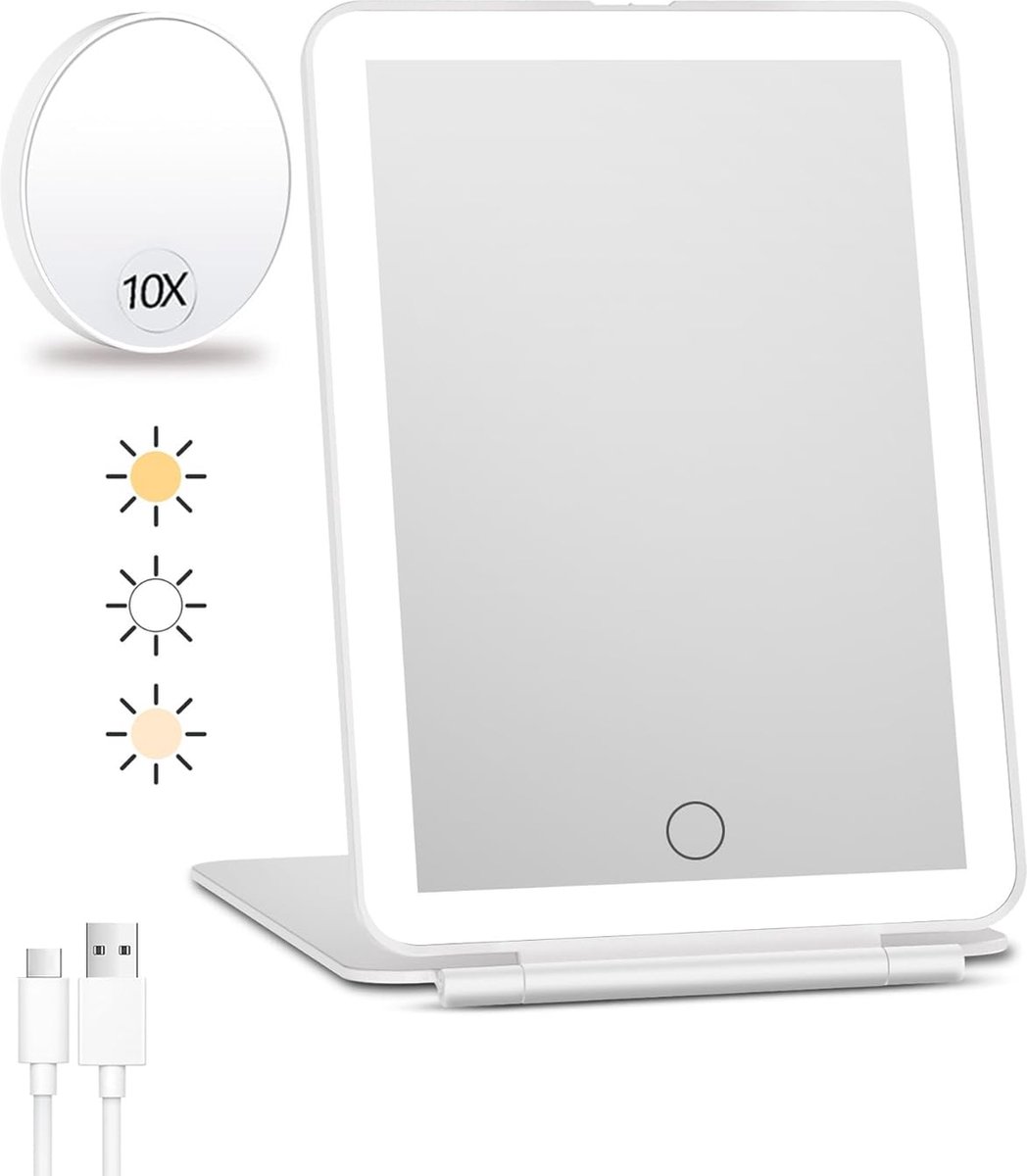 Rechargeable travel makeup mirror with lighting - 10x magnification - portable illuminated makeup mirror - 80 LEDs - 2000 mAh battery - 3-color lighting - touch dimming - tabletop - Image 1