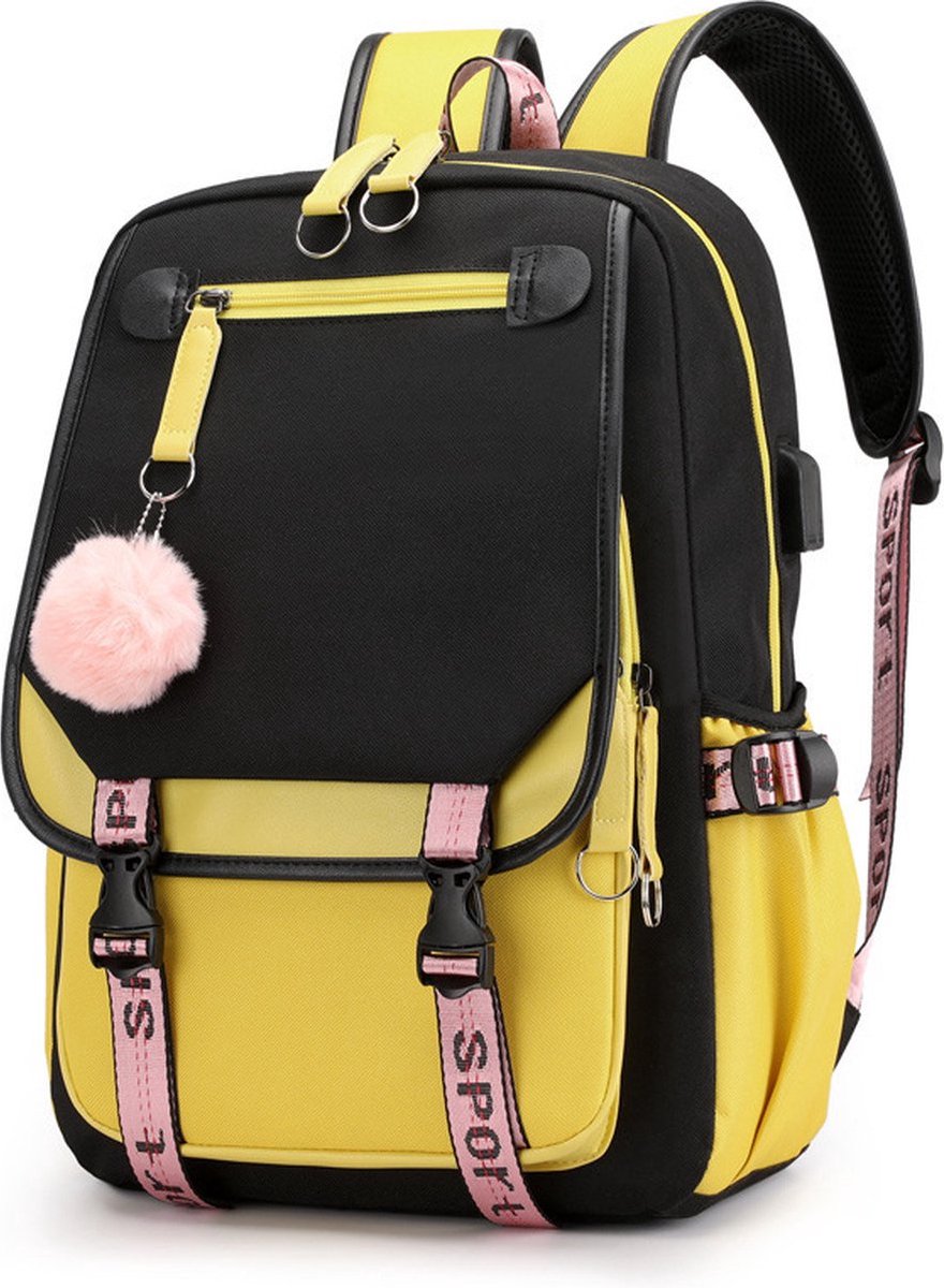 Girls School Student School Bag Outdoor Backpack With USB Charging Port, Black Yellow - School Bag - Backpack - Rucksack - School - Girls - Boys - Teenagers - Book Bag - Girl's Backpack - Backpacks - Rucksack For Children - Waterproof - Laptop Backpack - Image 1