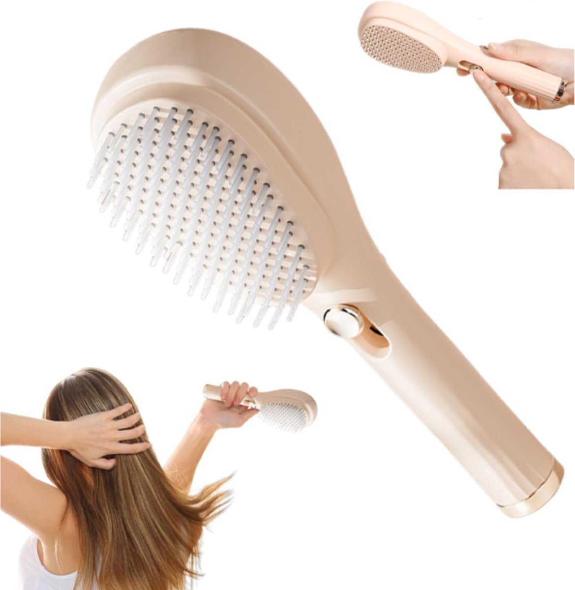 Anti-Tangle Hairbrush - Telescopic Self-Cleaning Brush - Head Massager - Hairbrushes for Women - Air Cushion Massage Combs - Multifunctional Anti-Static Massage Comb - Cleaning with One Click - Beige - 1 Piece - Image 1