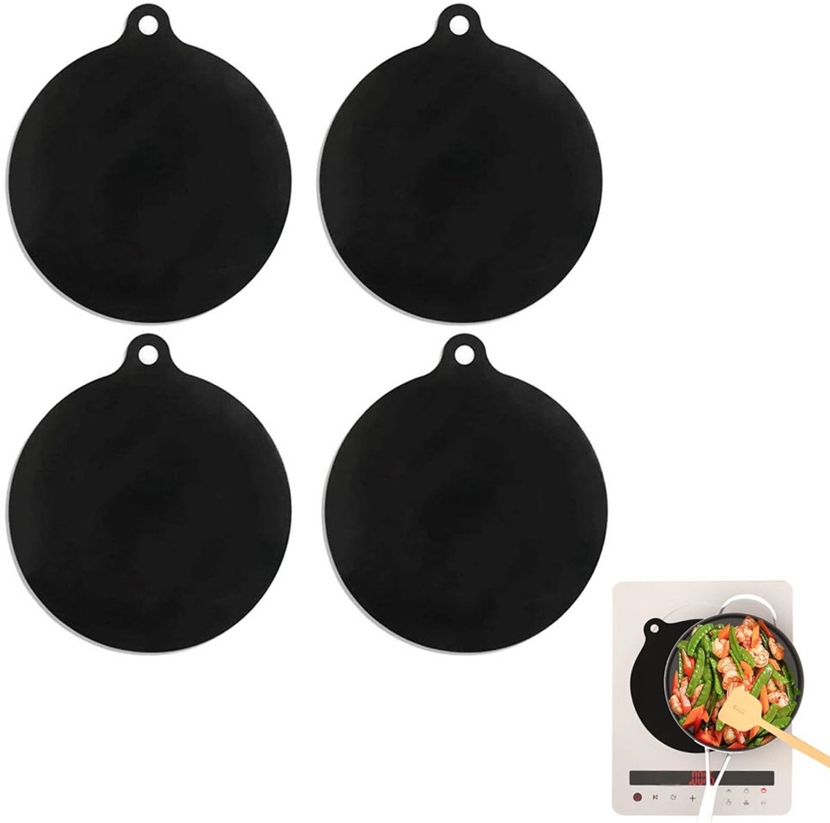 Induction Protector Set - 4 Pieces - 22cm - Pan Protectors - Induction Cover Plate - Cooktop Cover Plate - Round Induction Mats - Heat Resistant Up to 230 ºC - BPA-Free - Non-Slip - Dishwasher Safe - Pan Coaster - Coaster - Black - Image 1