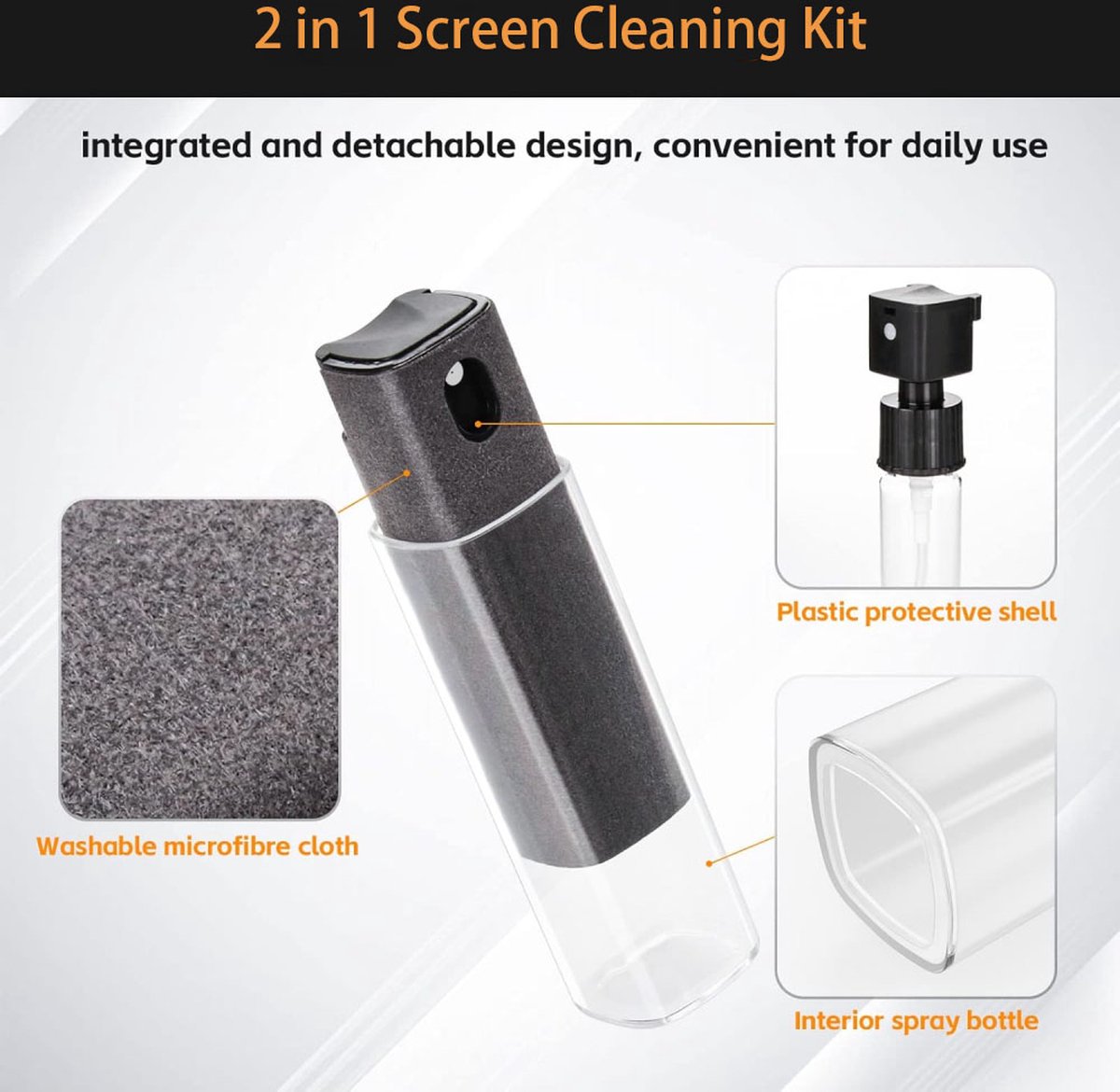 Screen Cleaner - Refillable - 2 In 1 Screen Cleaner - Monitor Cleaner - Screen Spray - Cleaning Spray - Cleaning Spray - Microfiber Cloth - Cleaner for Smartphone, Tablet, and Laptop Screens - Travel Kit - Cleaning Kit - Gray - Image 2