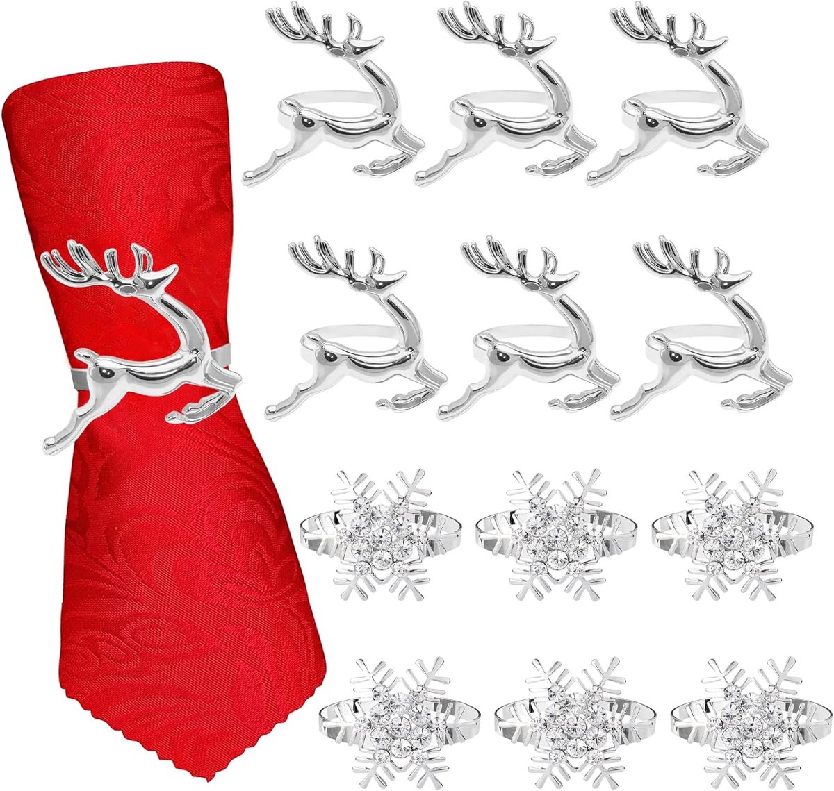 Napkin Rings for Christmas - 12 Pieces - Moose & Snowflakes - Silver Napkin Ring - Napkin Rings Table Decoration - Napkin Rings for Christmas, Thanksgiving, Wedding - Image 1