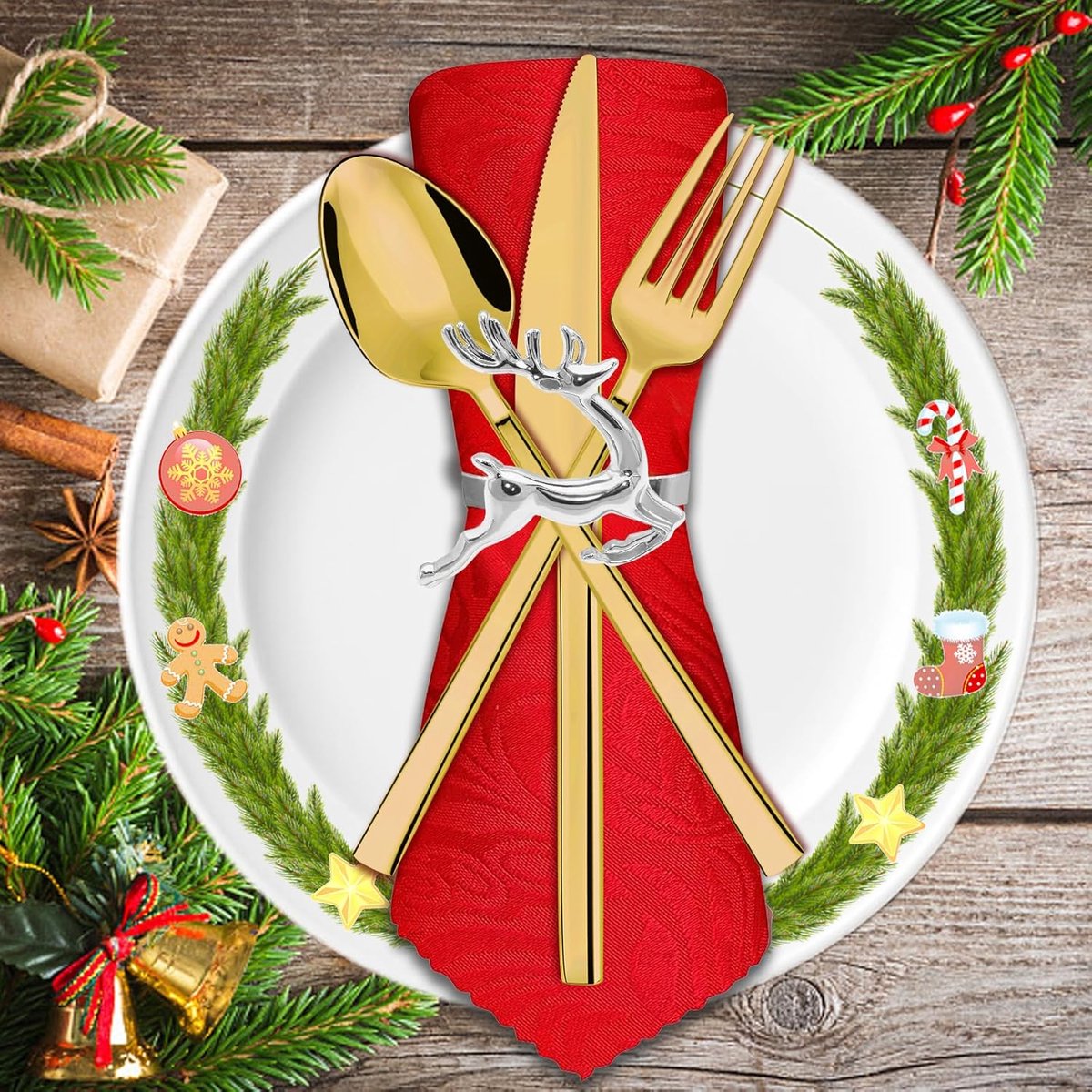 Napkin Rings for Christmas - 12 Pieces - Moose & Snowflakes - Silver Napkin Ring - Napkin Rings Table Decoration - Napkin Rings for Christmas, Thanksgiving, Wedding - Image 3